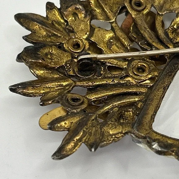 Antique Crystal Brass Faceted Glass Floral Huge Cornucopia Brooch Rare Statement